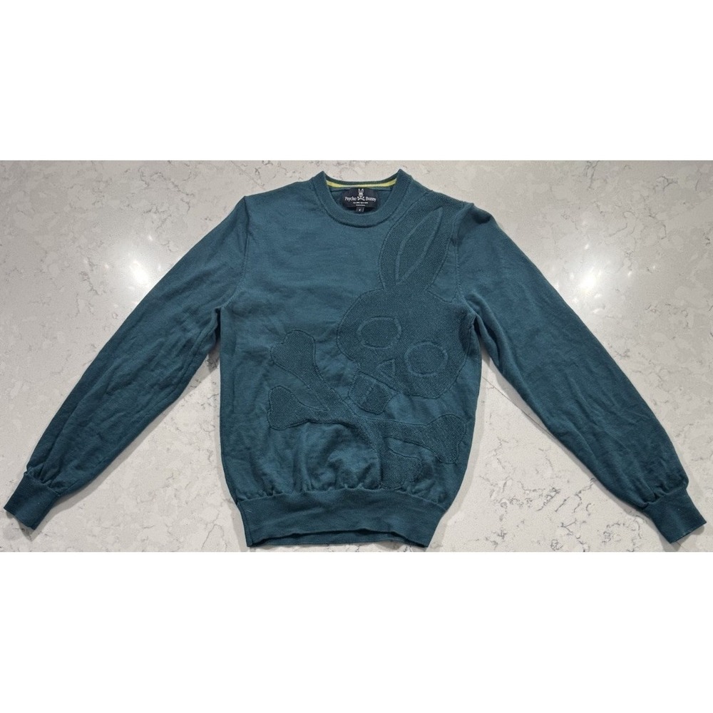 Psycho Bunny Moore Intarsia Crewneck Sweater Mens Small Teal Green Merino Wool